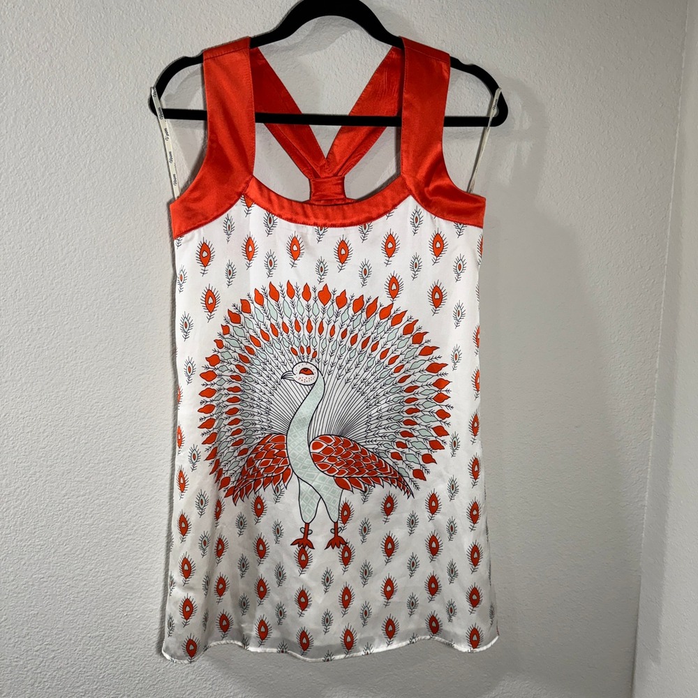 Voom by Joy Han Women's Silk Peacock Print Mini Dress Orange White T-Back Small